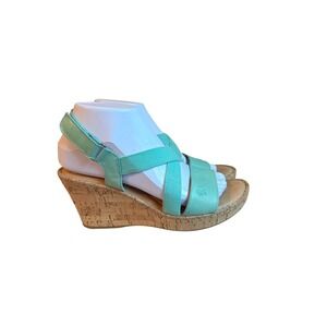 Born Teal Leather Cork Wedge Sandals F65713 Womens 8M Strappy Platform
